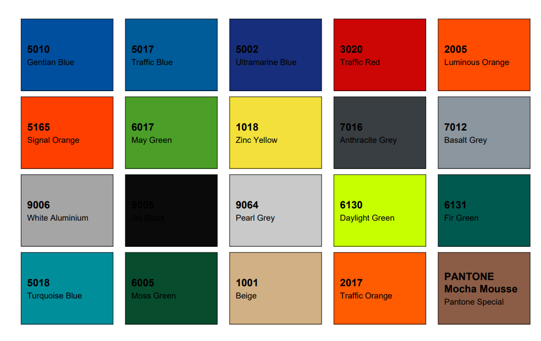 Color options for padel court metal structures including RAL and PANTONE color collections